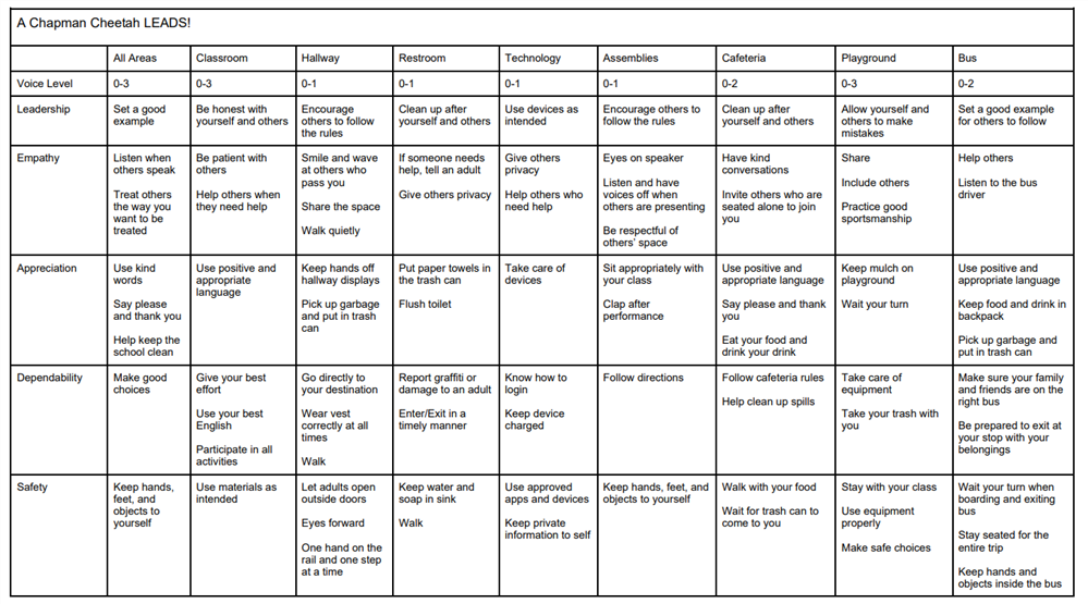 PBIS Matrix of Expectations